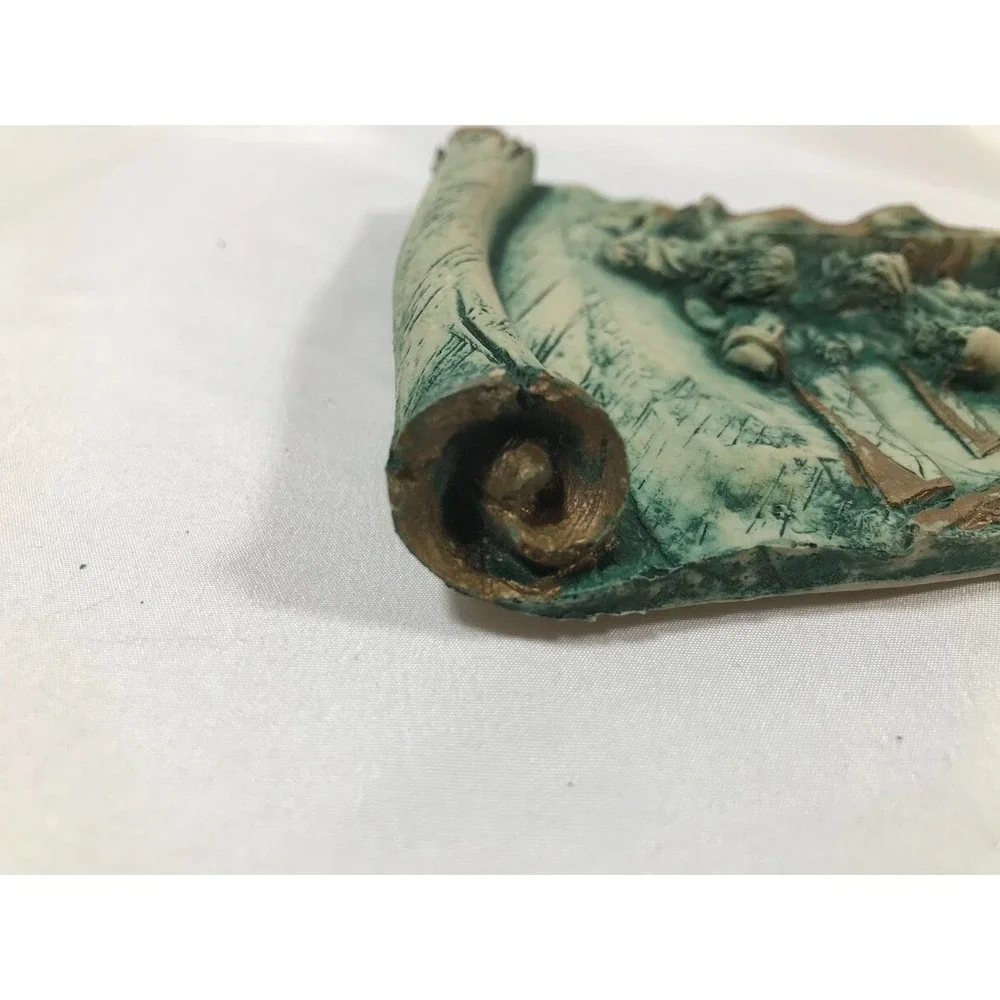 Vintage Last Supper 3D Relief Wall Plaque Scroll Design Teal Gold Religious Art